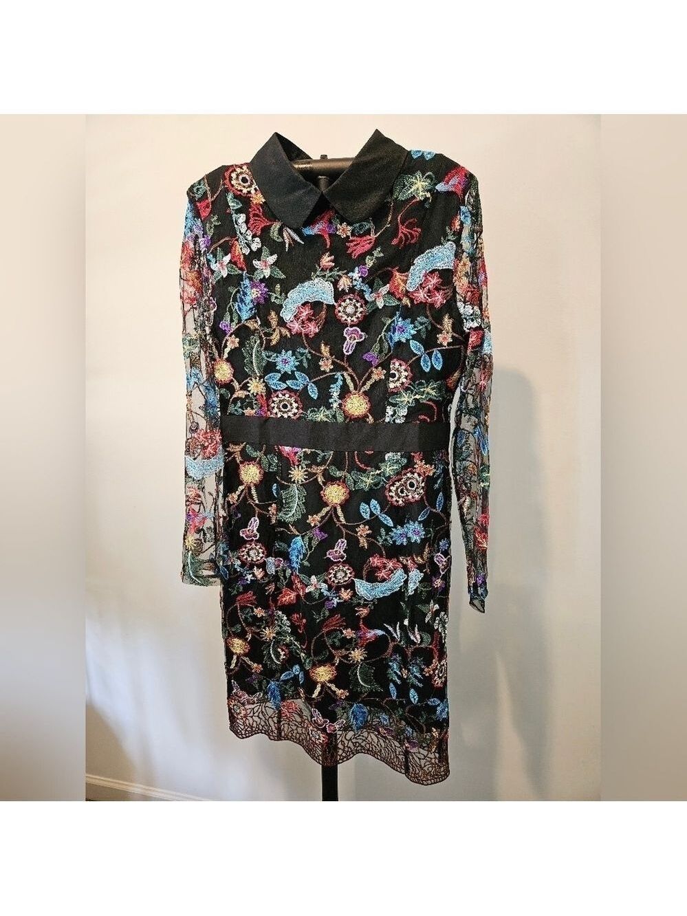 Kaimilan Stunning Black Midi Dress Vibrant Colorful Embroidery Sheer Sleeves